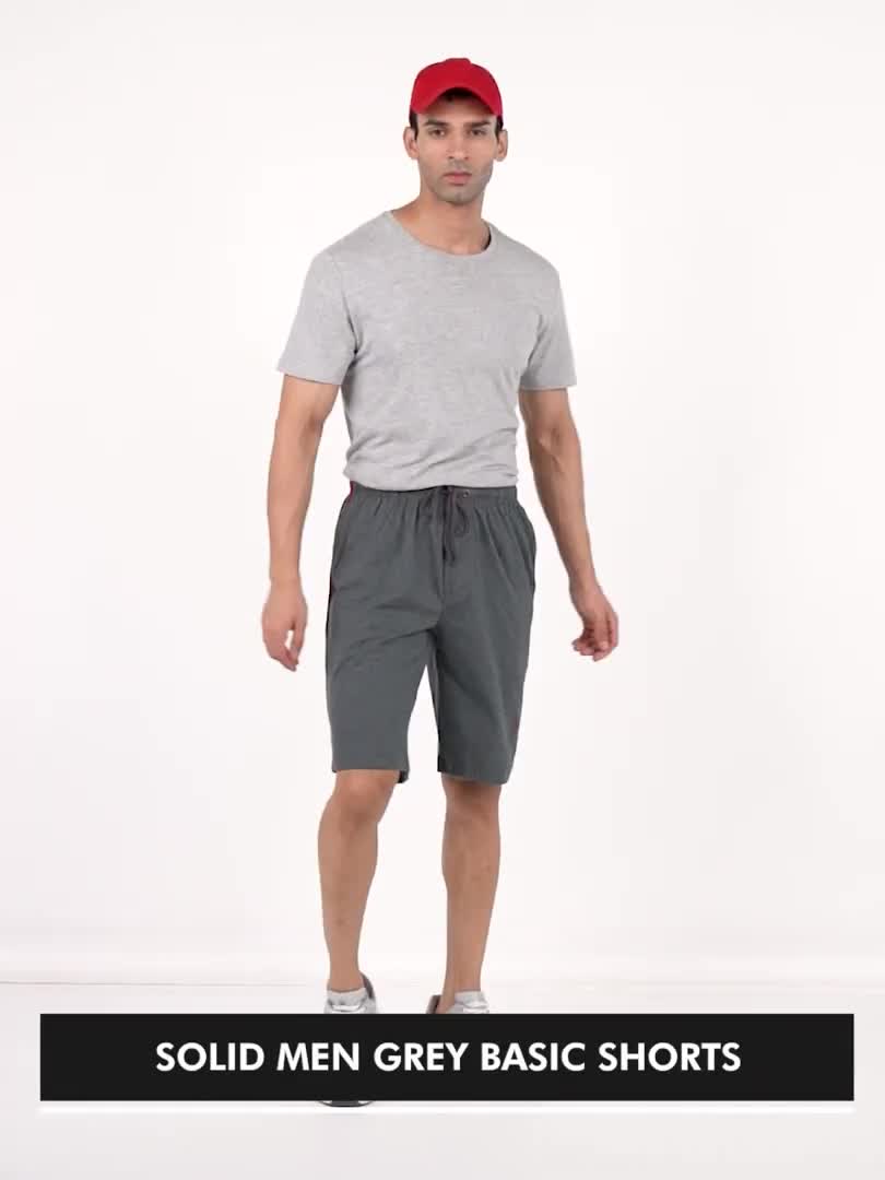 Men's Super Combed Cotton Rich Straight Fit Solid Shorts with Side Pockets  - Charcoal Melange & Shanghai Red