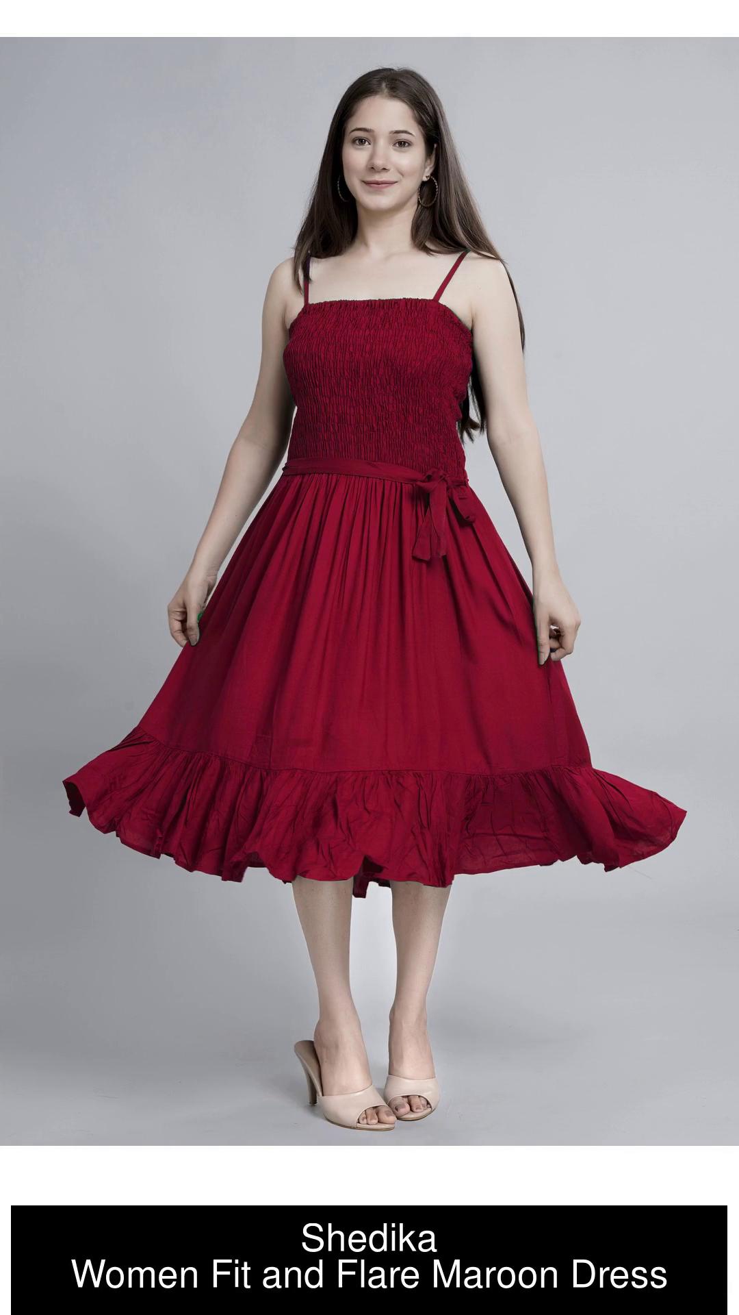 Buy FEBRINA CLASSIC Maroon Solid Fit & flare dress Online at Low Prices in  India 