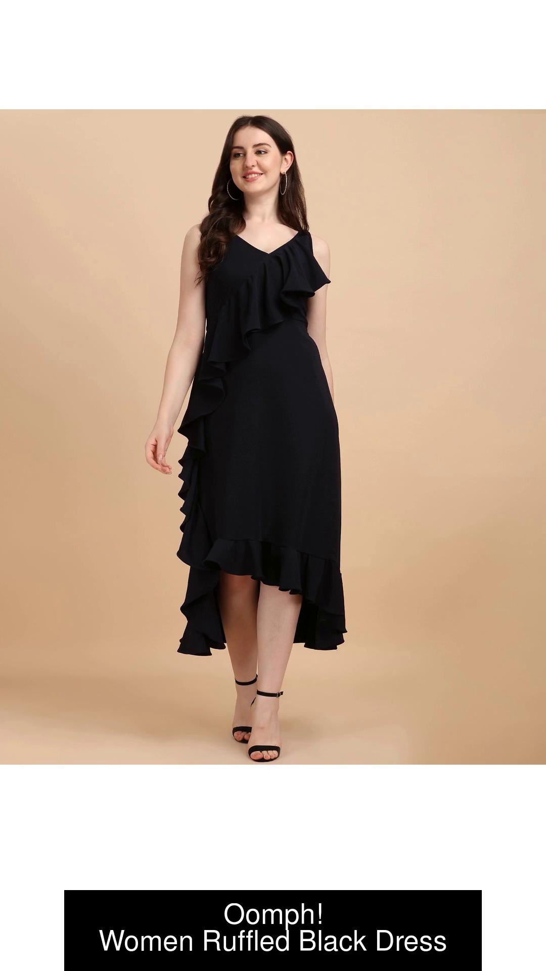 Solid Ruffle Neck Dress in Black