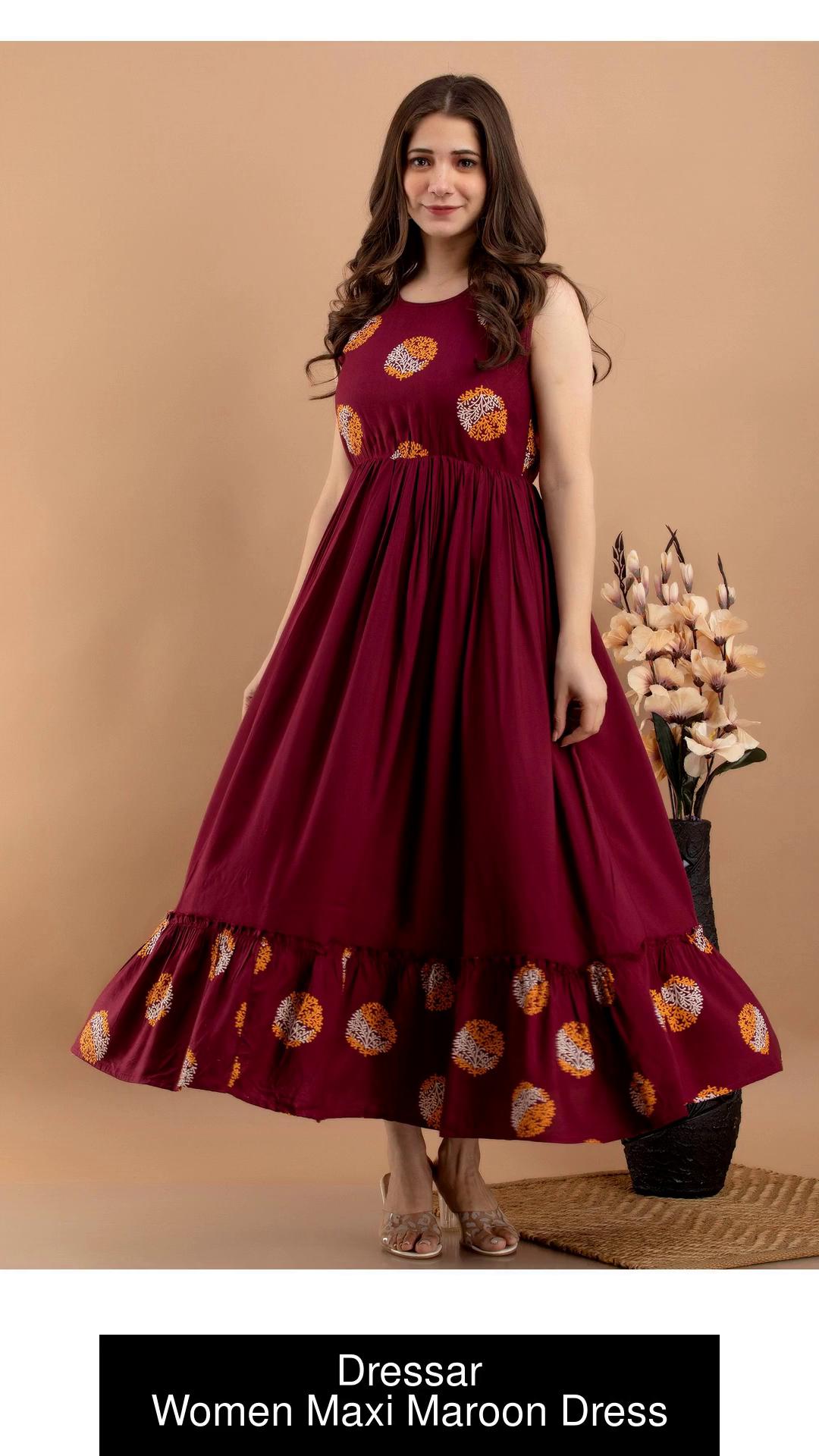Buy Casual Wear Maroon Gold Printed Work Rayon Gown Online From Surat  Wholesale Shop