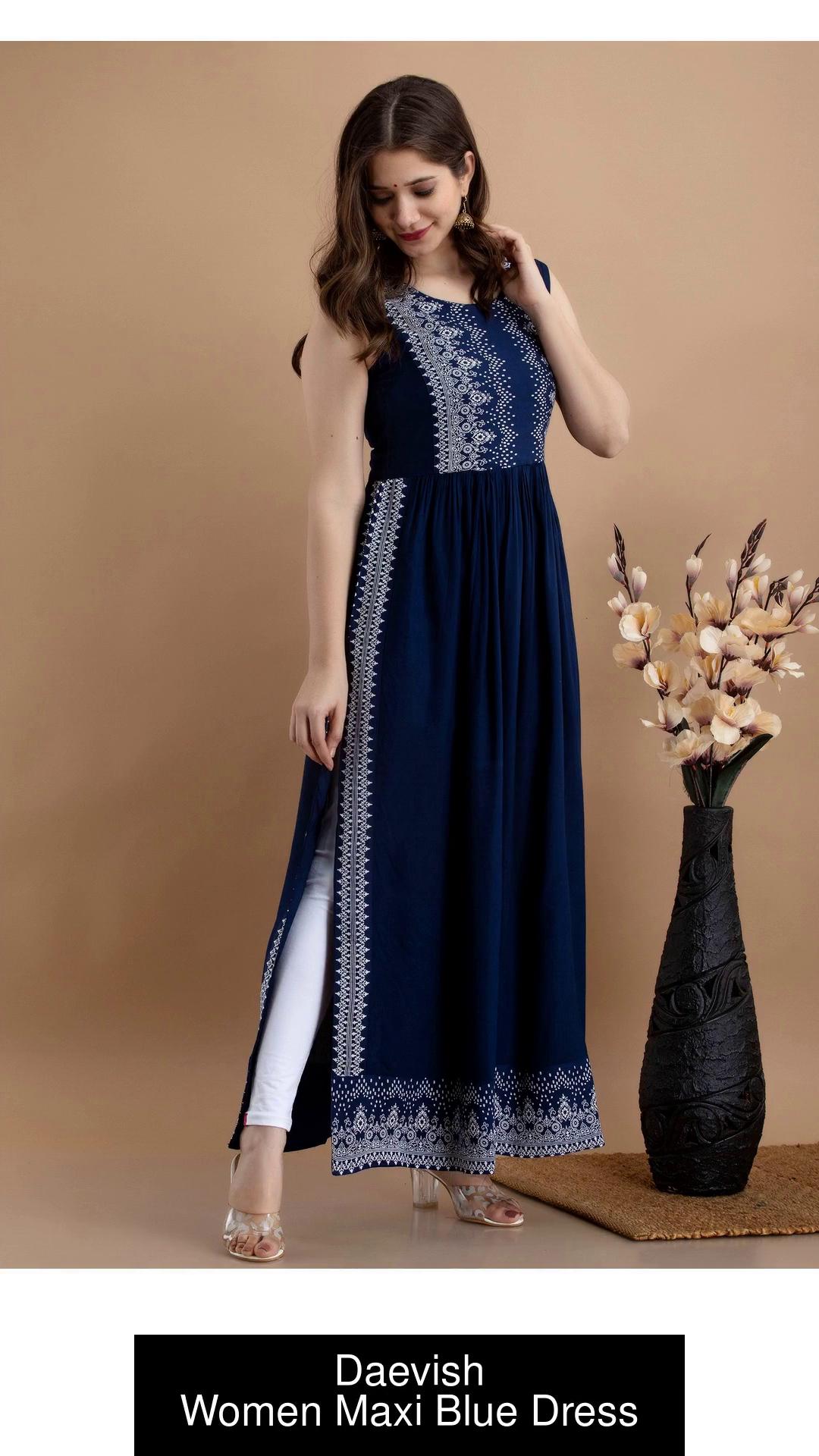Daevish Women Maxi Dark Blue, White Dress - Buy Daevish Women Maxi Dark  Blue, White Dress Online at Best Prices in India