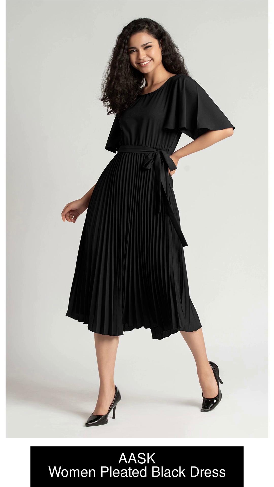 Black keyhole pleated midi shop dress with pleated skirt