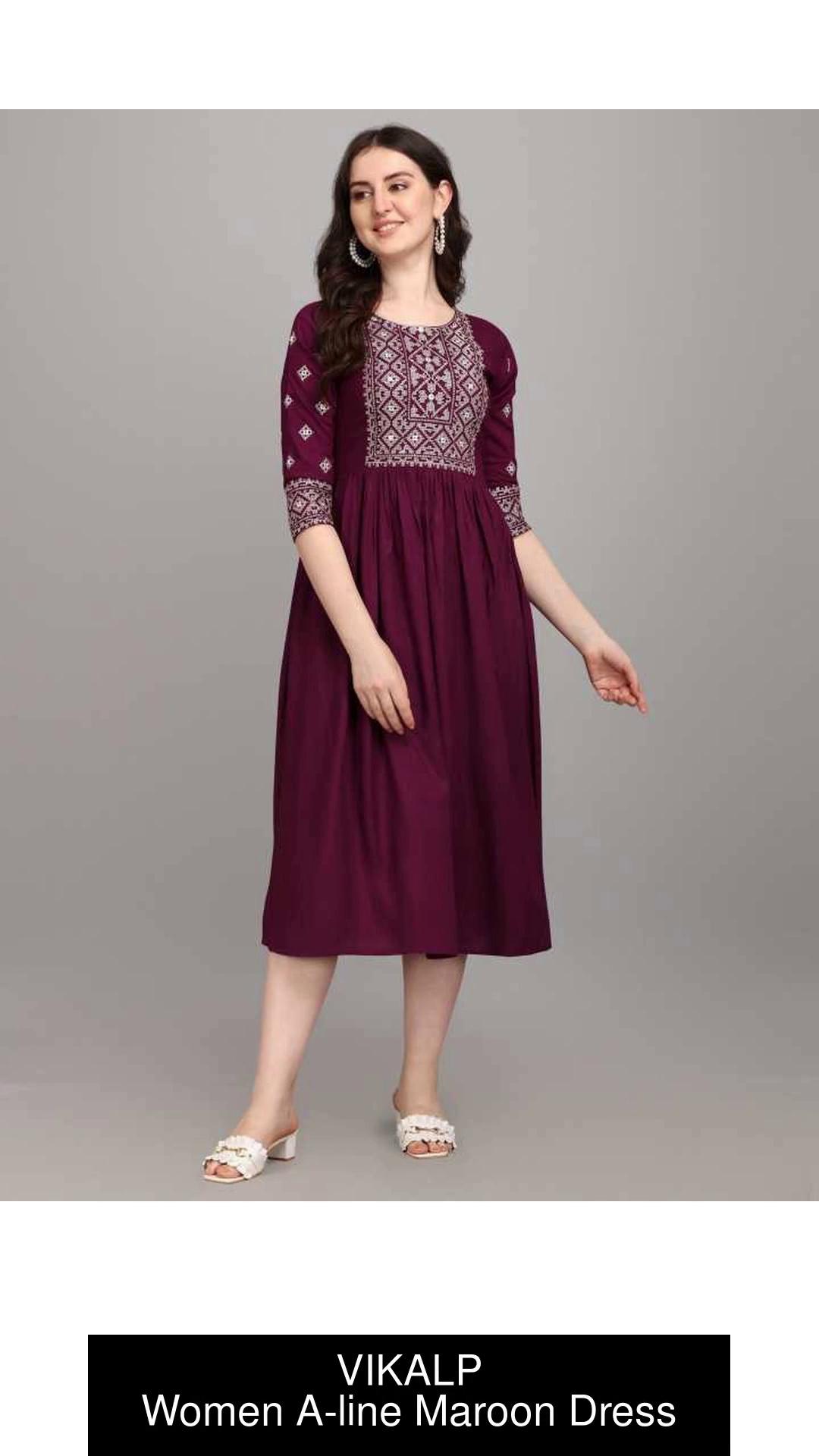Anouk - By Myntra Indian Women Daily Wear Maroon Floral Embroidered A-Line  Round Neck Knee Length Three-Quarter Sleeves Polyester Kurta Ready To Wear  Dress - Walmart.com
