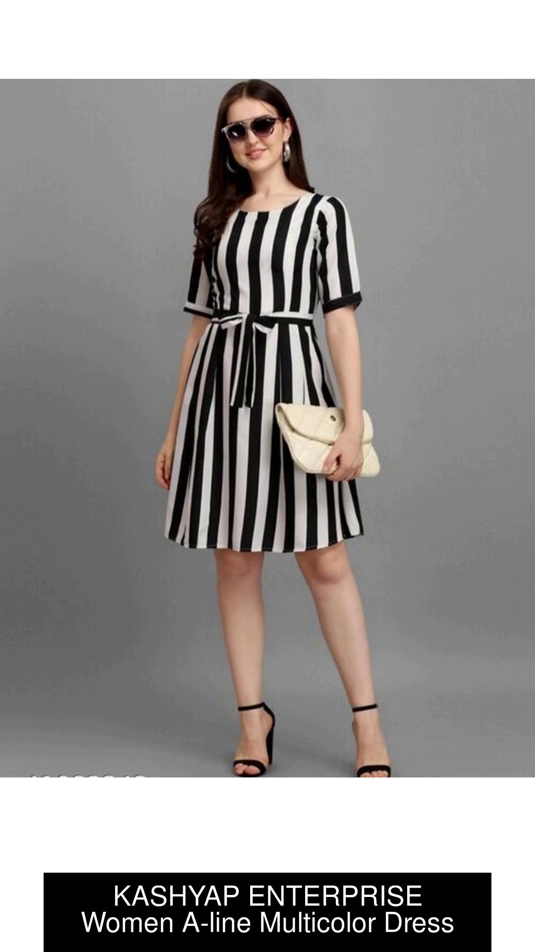 White And Black Striped A-Line Dress Striped Casual, 57% OFF