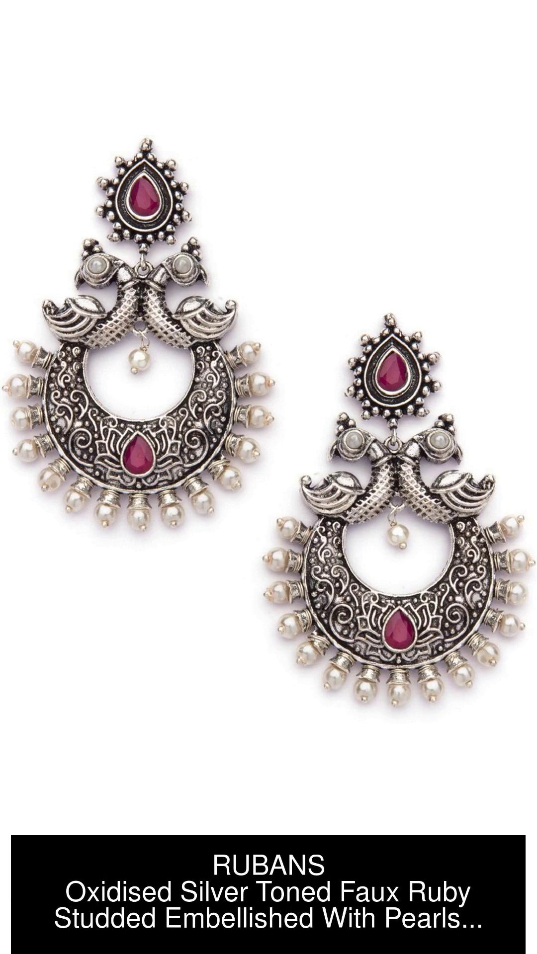  Buy RUBANS Oxidised Silver Toned Faux Ruby Studded