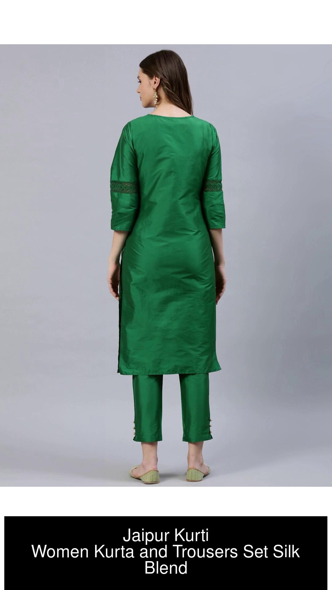 Buy Jaipur Kurti Women Navy Blue  Green Woven Design Kurta with Trousers   Dupatta Online