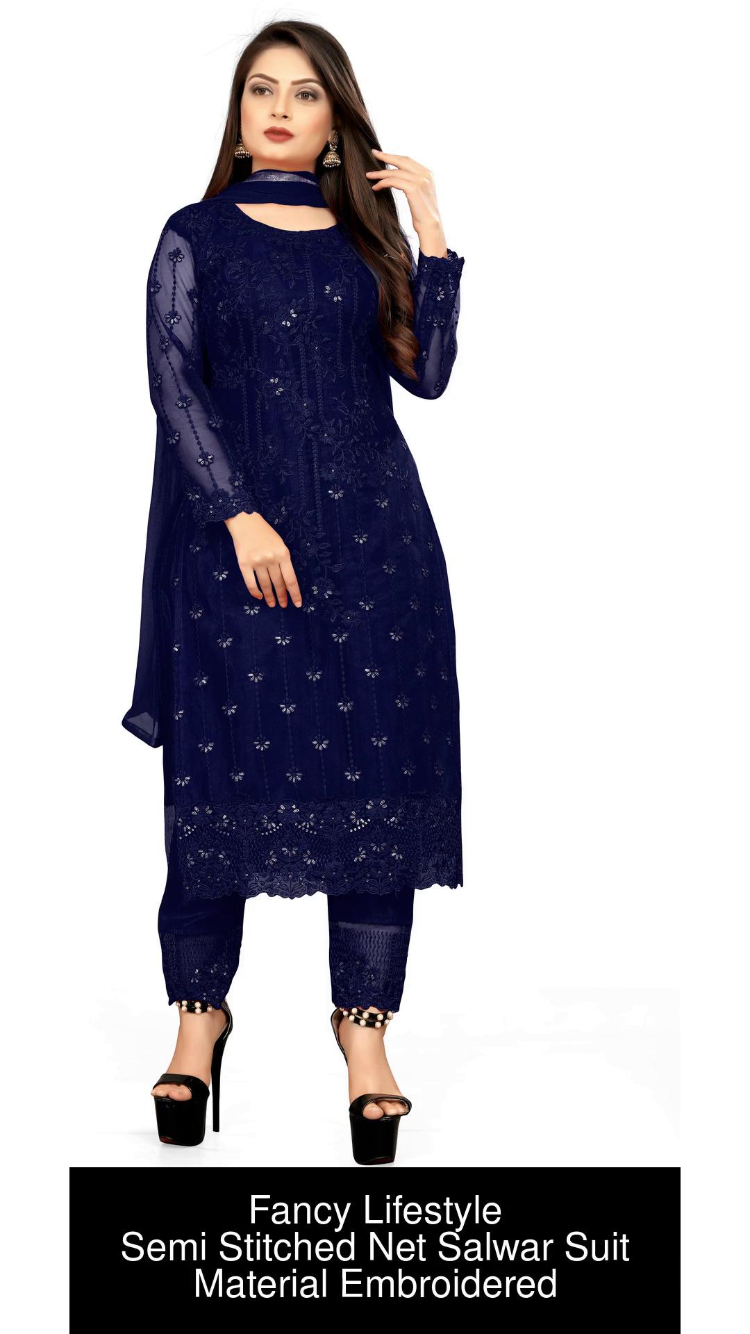 Royal blue color designer fancy net fabric salwar suit in net fabric with  embroidery as semi stitched