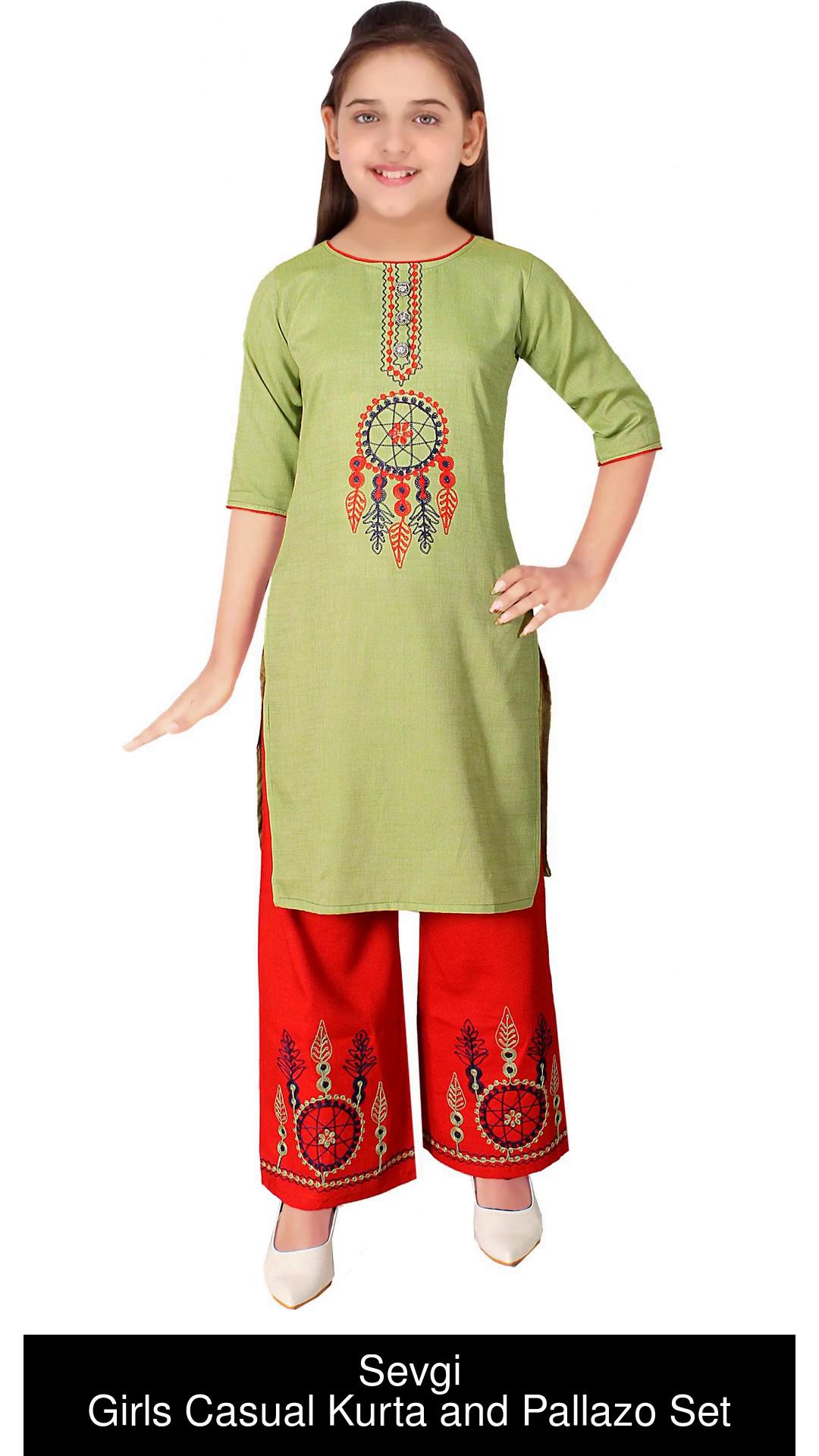 Buy Sevgi Girl's Cotton Embroidered Kurti with Leggings (4-5 Years) Beige  at