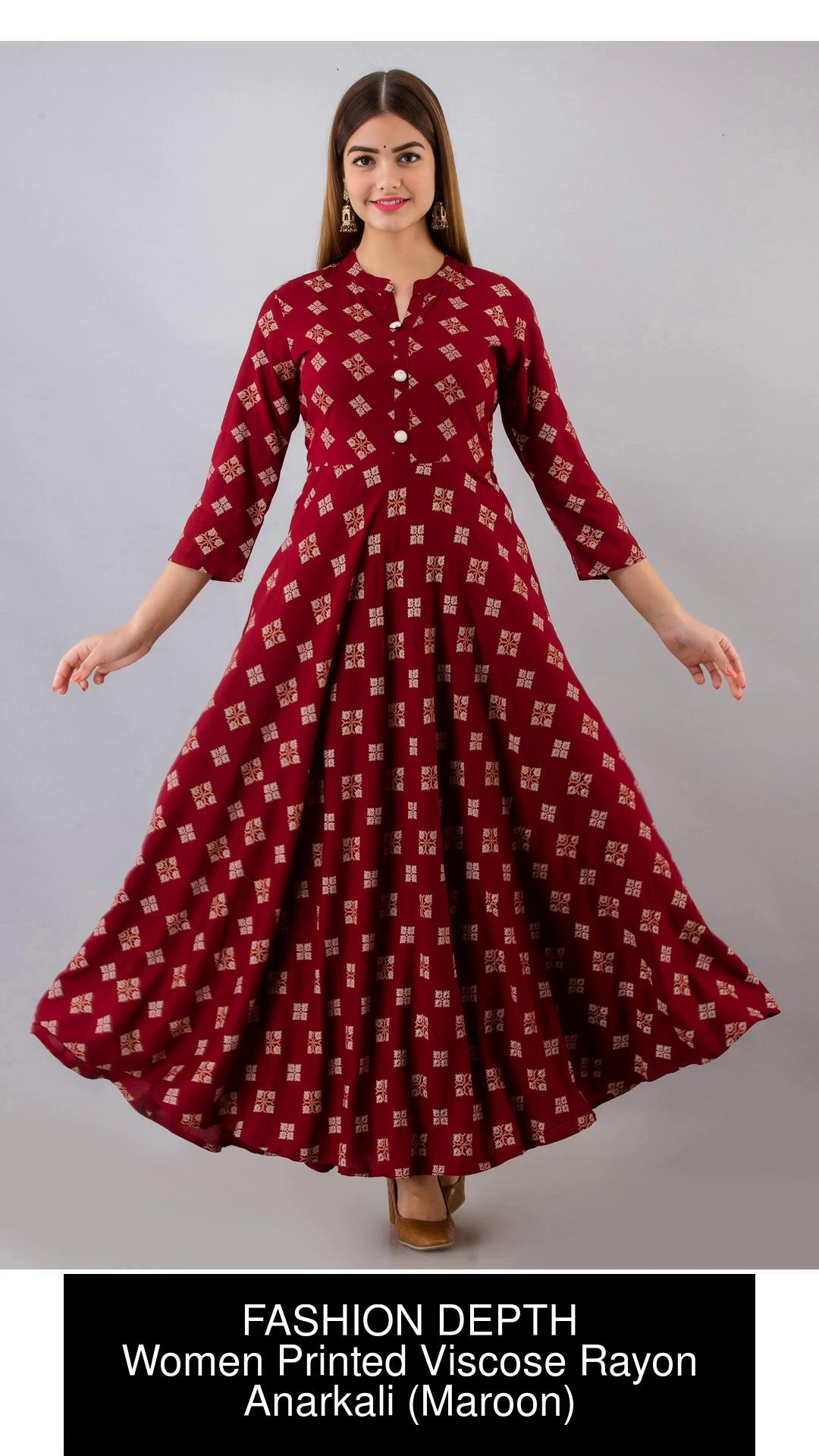 Buy Obskin Women Maroon Printed Viscose Rayon Gown Kurta - M