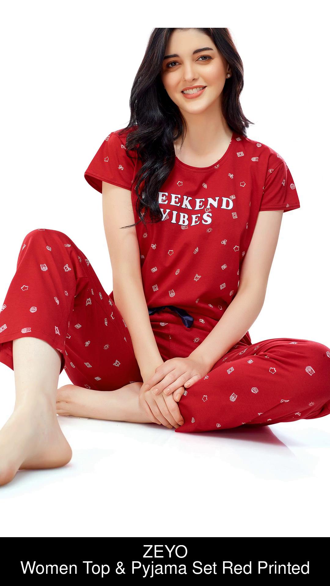 ZEYO Women Printed Red Top Pyjama Set Price in India Buy ZEYO