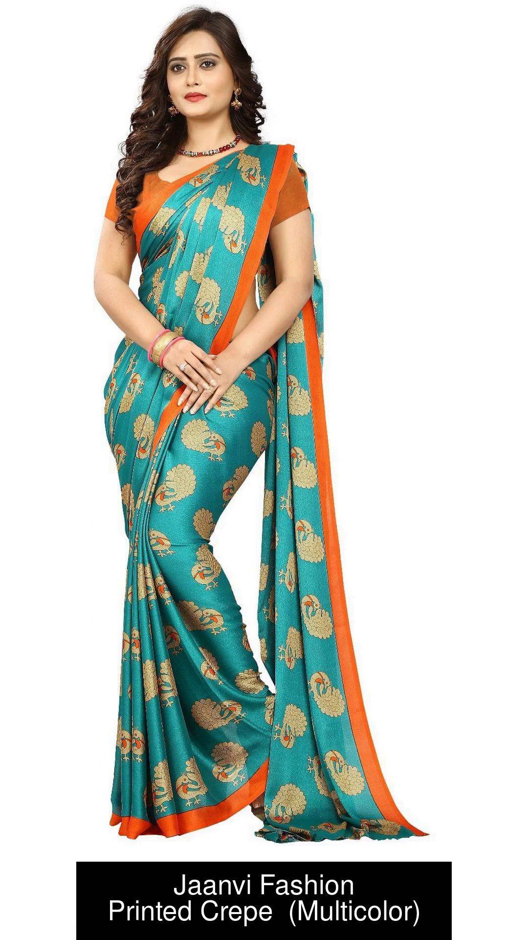 Buy Jaanvi Fashion Printed Kalamkari Crepe Multicolor Sarees Online @ Best  Price In India