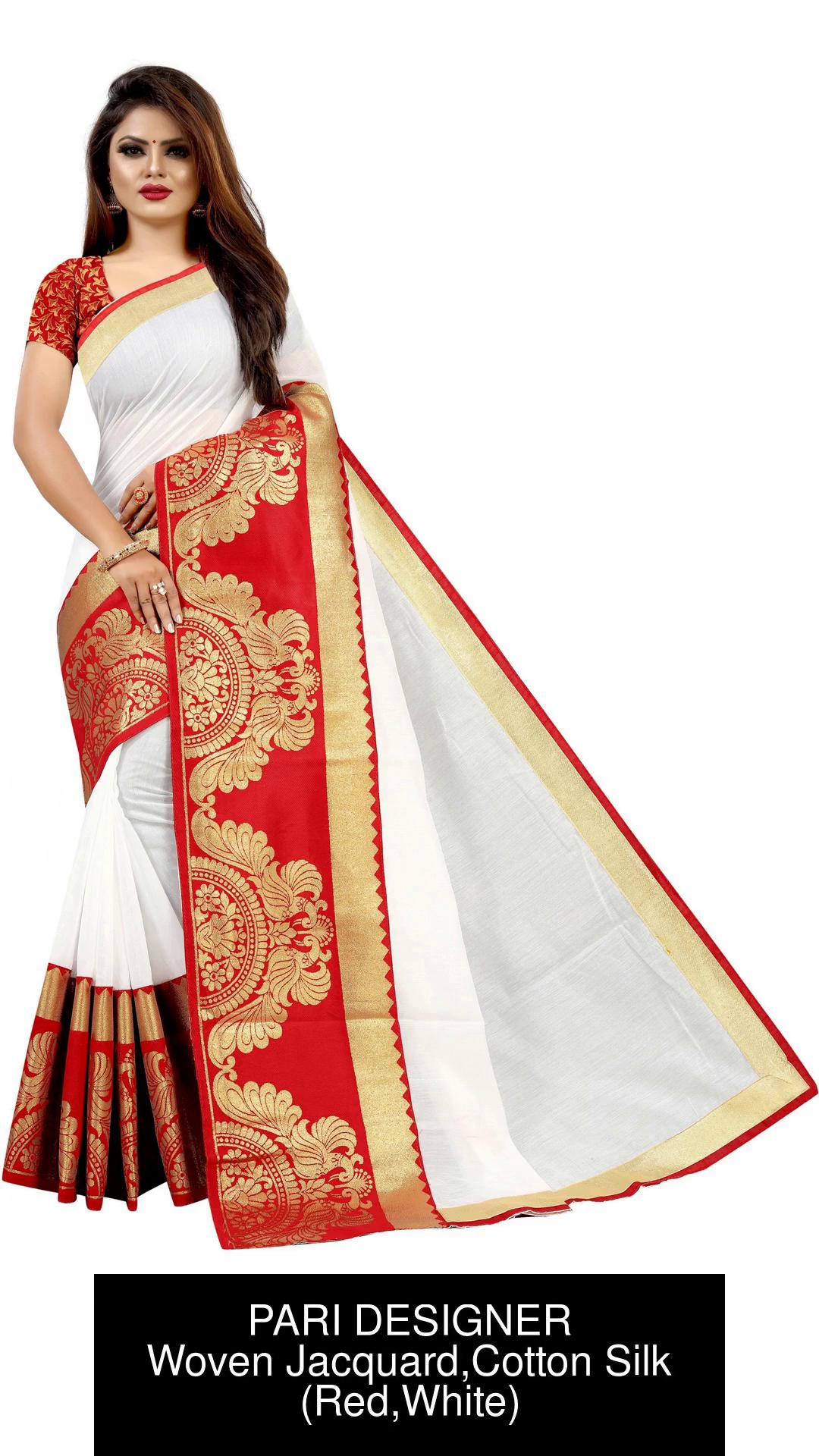 Buy PARI DESIGNER Woven Bollywood Jacquard, Cotton Silk Red, White Sarees  Online @ Best Price In India