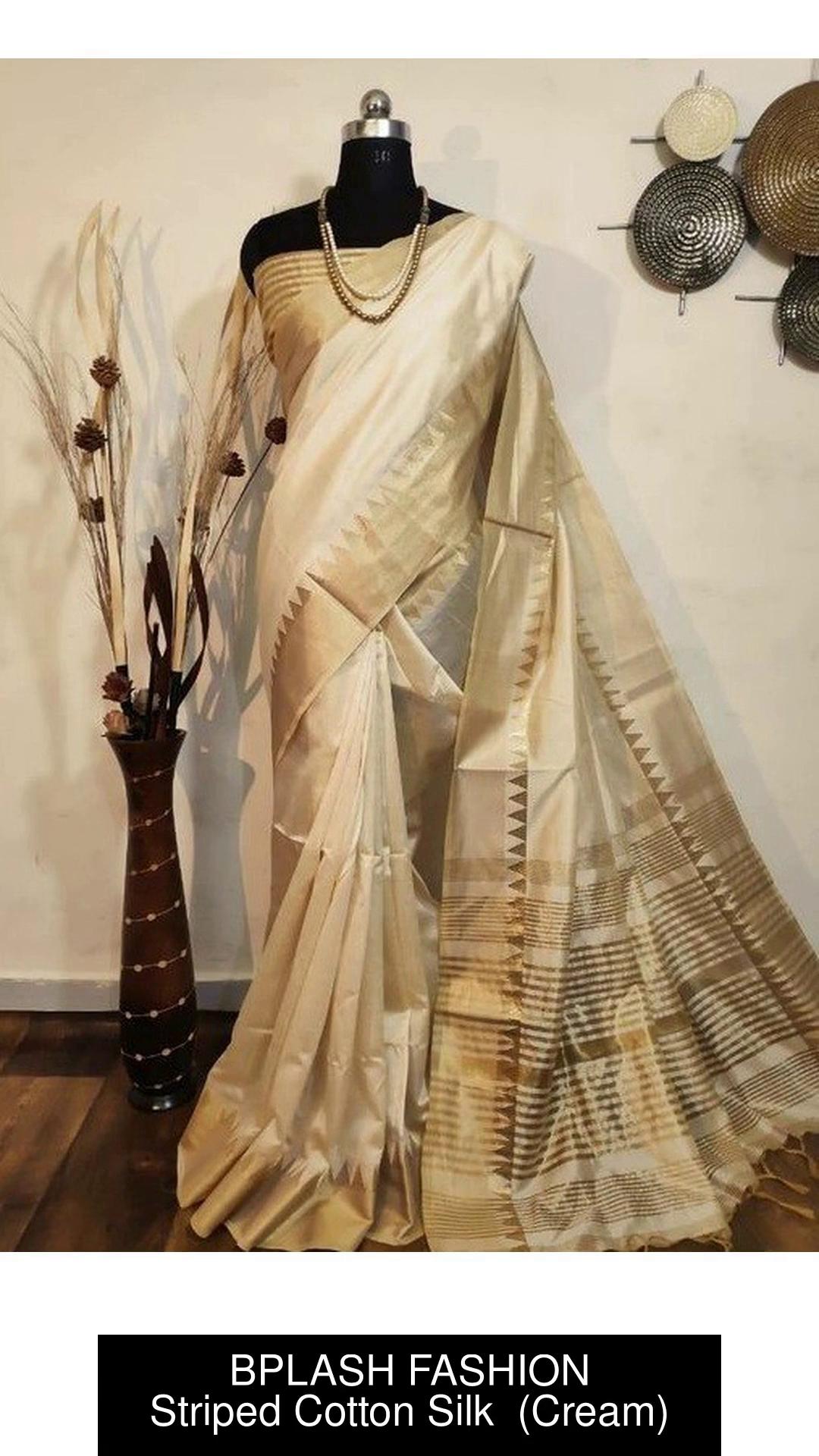 Buy BPLASH FASHION Striped Assam Silk Cotton Silk Cream Sarees