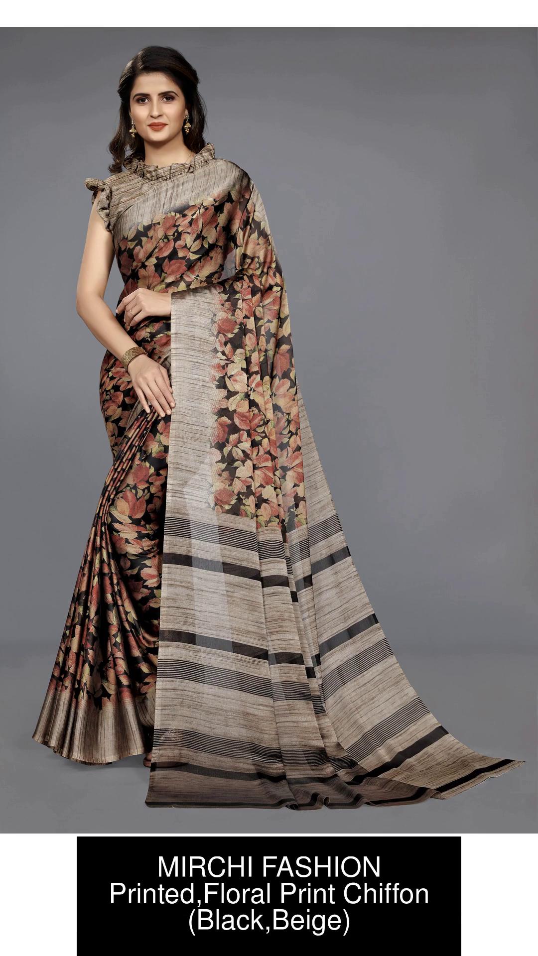 Black Floral Print Chiffon Saree