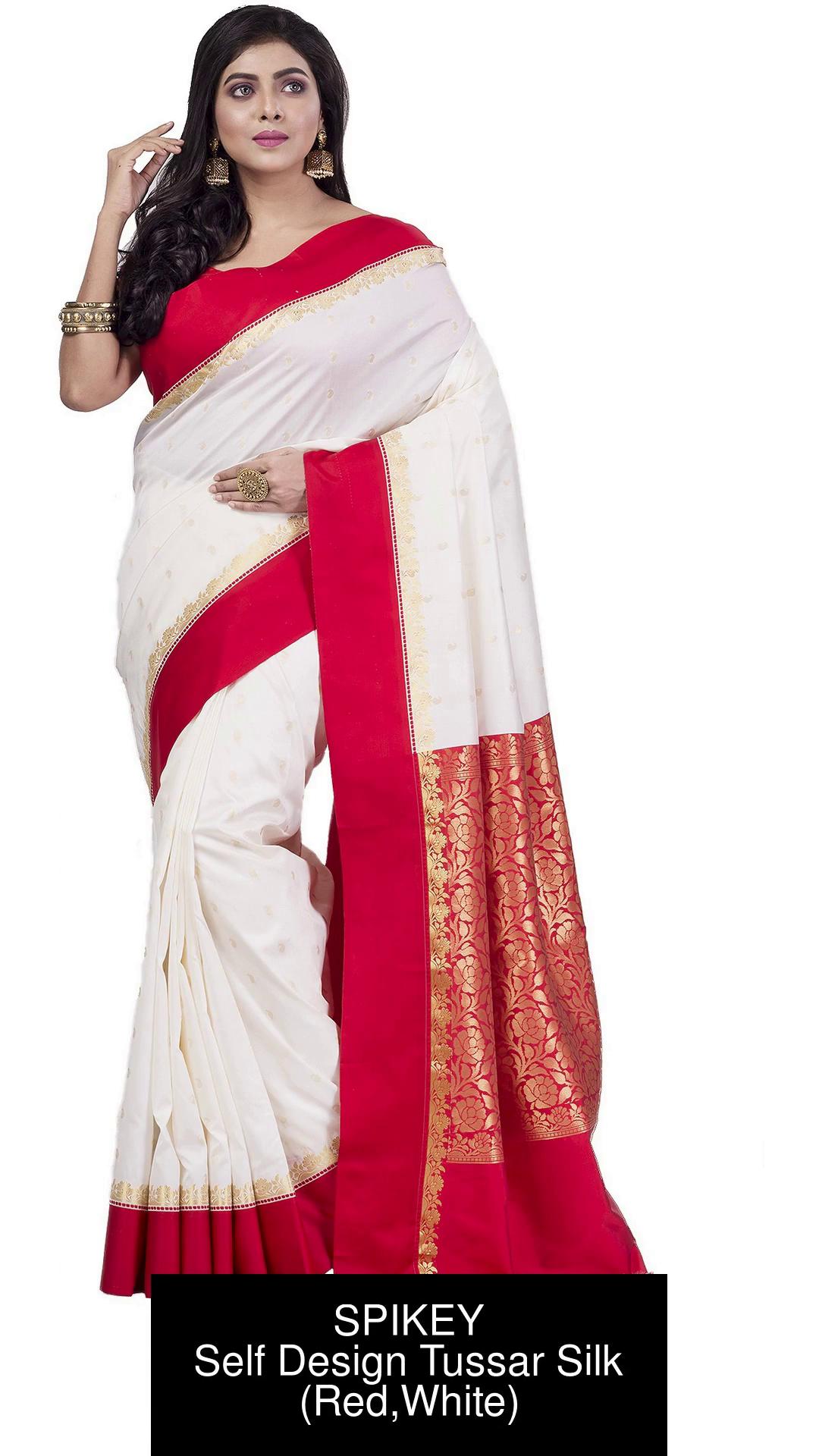 Buy SPIKEY Self Design Handloom Tussar Silk Red White Sarees