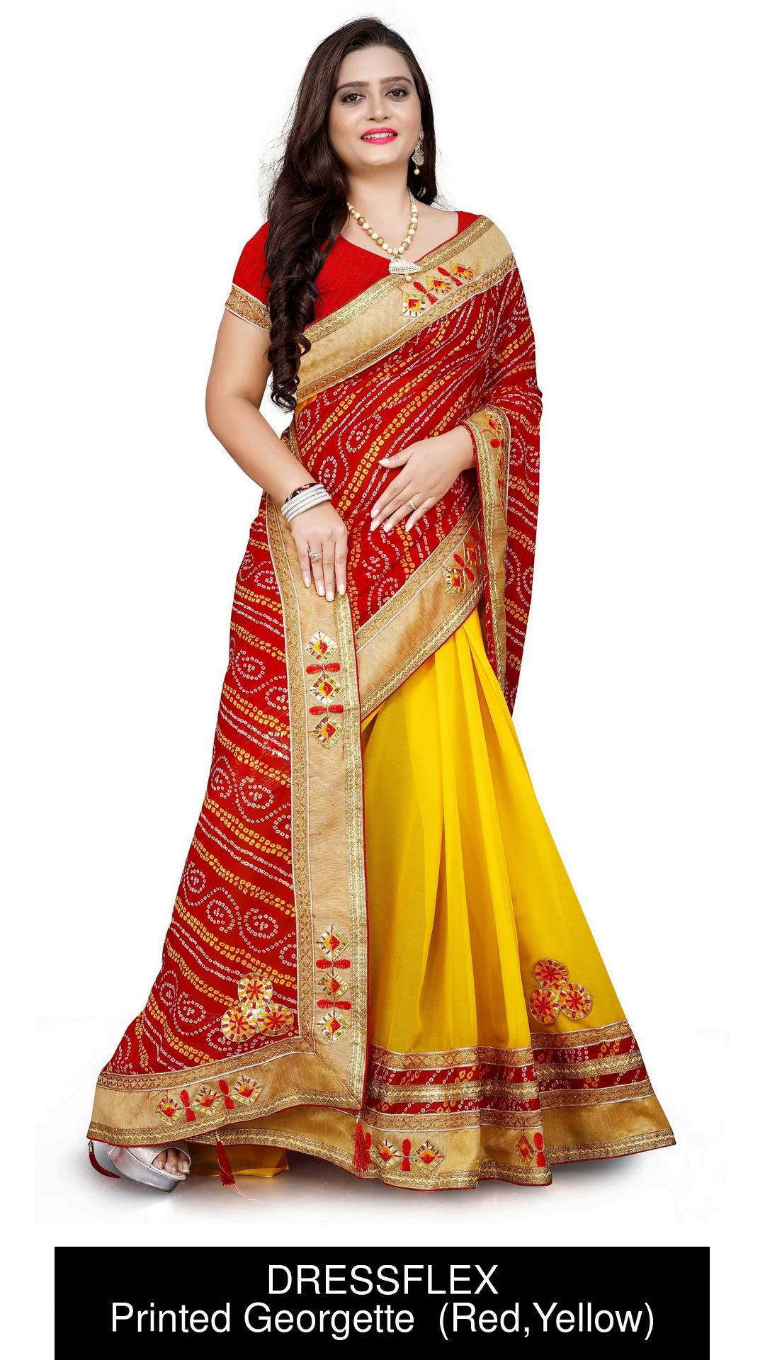 Buy DRESSFLEX Printed Bandhani Georgette Red Yellow Sarees Online