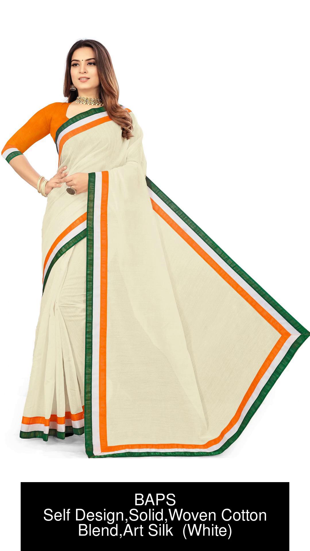 Buy LDma Women's Tant Cotton Saree With Blouse Piece (White, Orange,green)  at