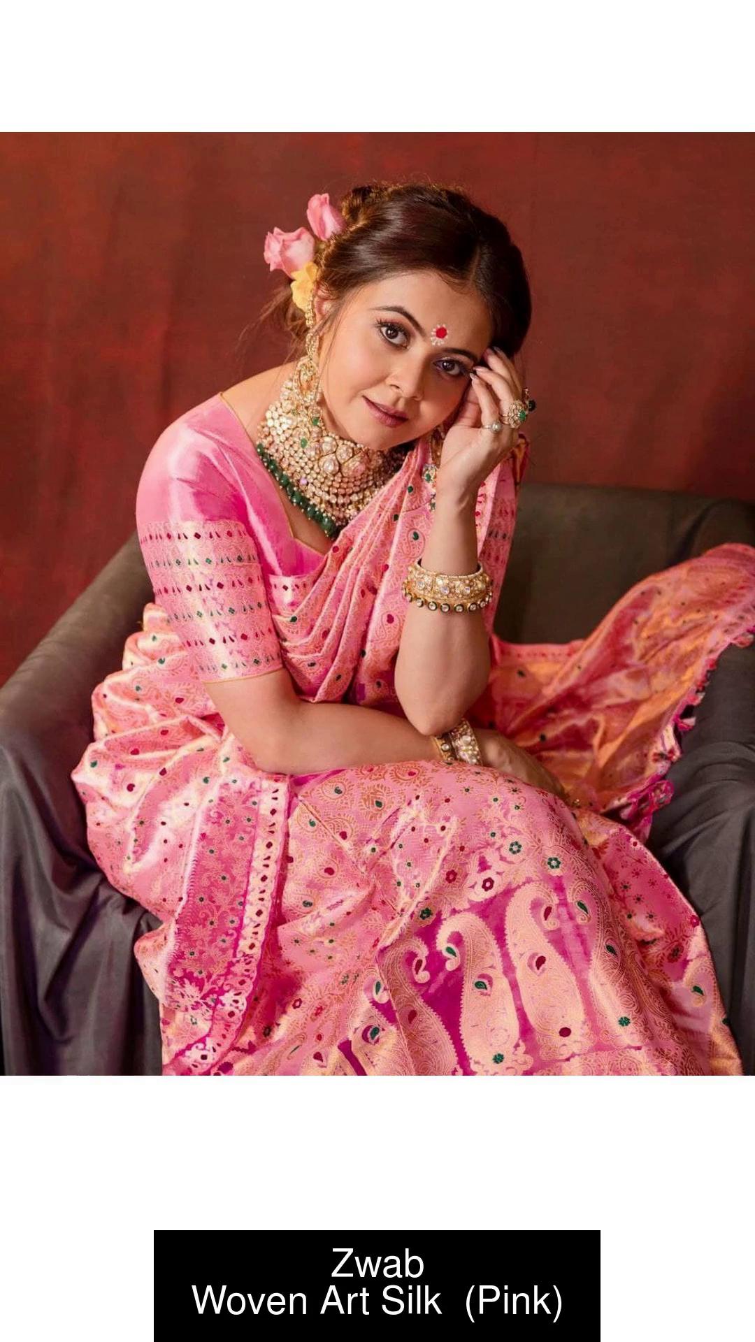 Pink woven art silk saree with blouse with belt