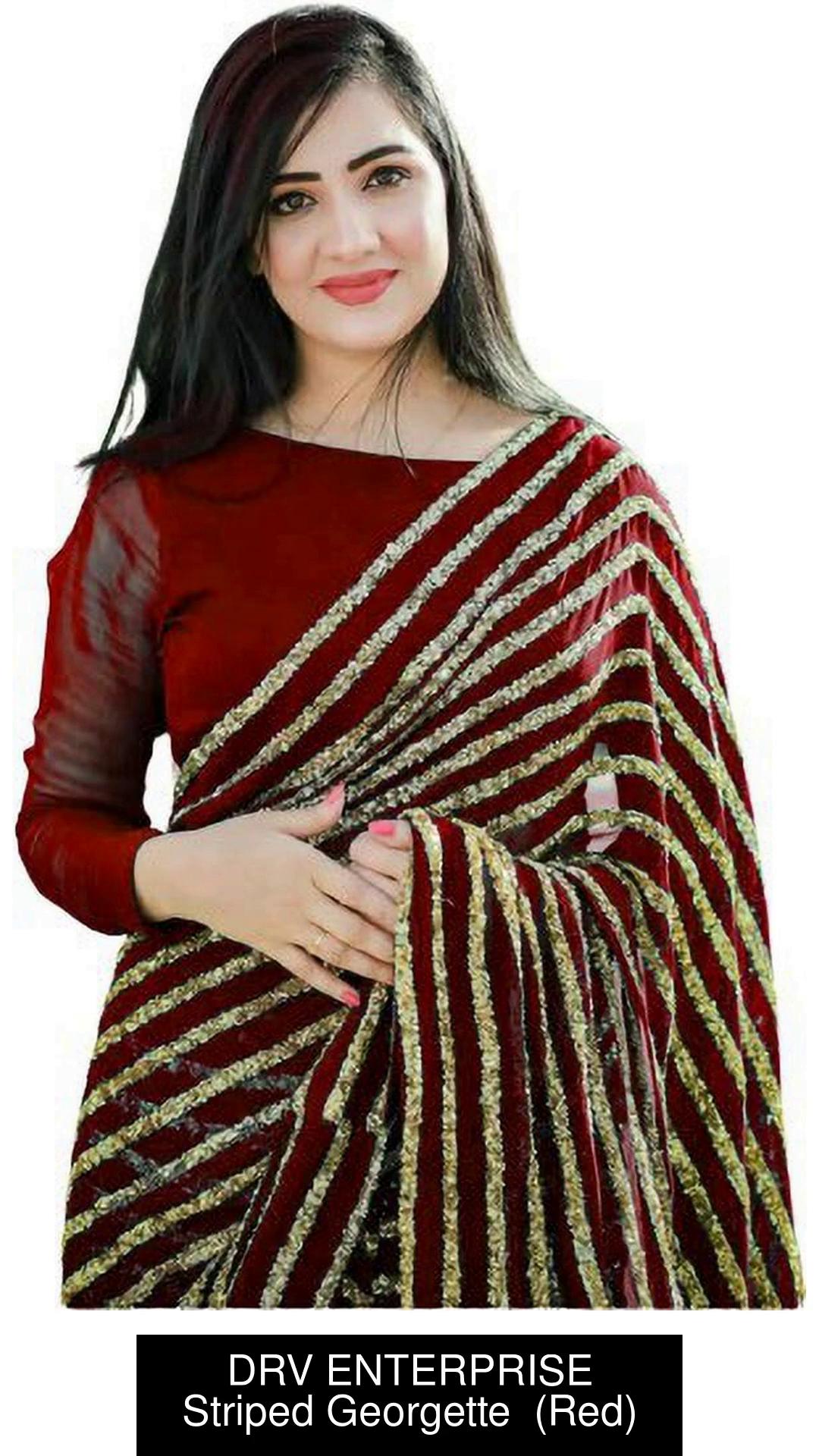 Nena Fashion  BRAND-Women's Georgette Embroidery Border Work Saree  with Blouse Piece (red) : : Fashion