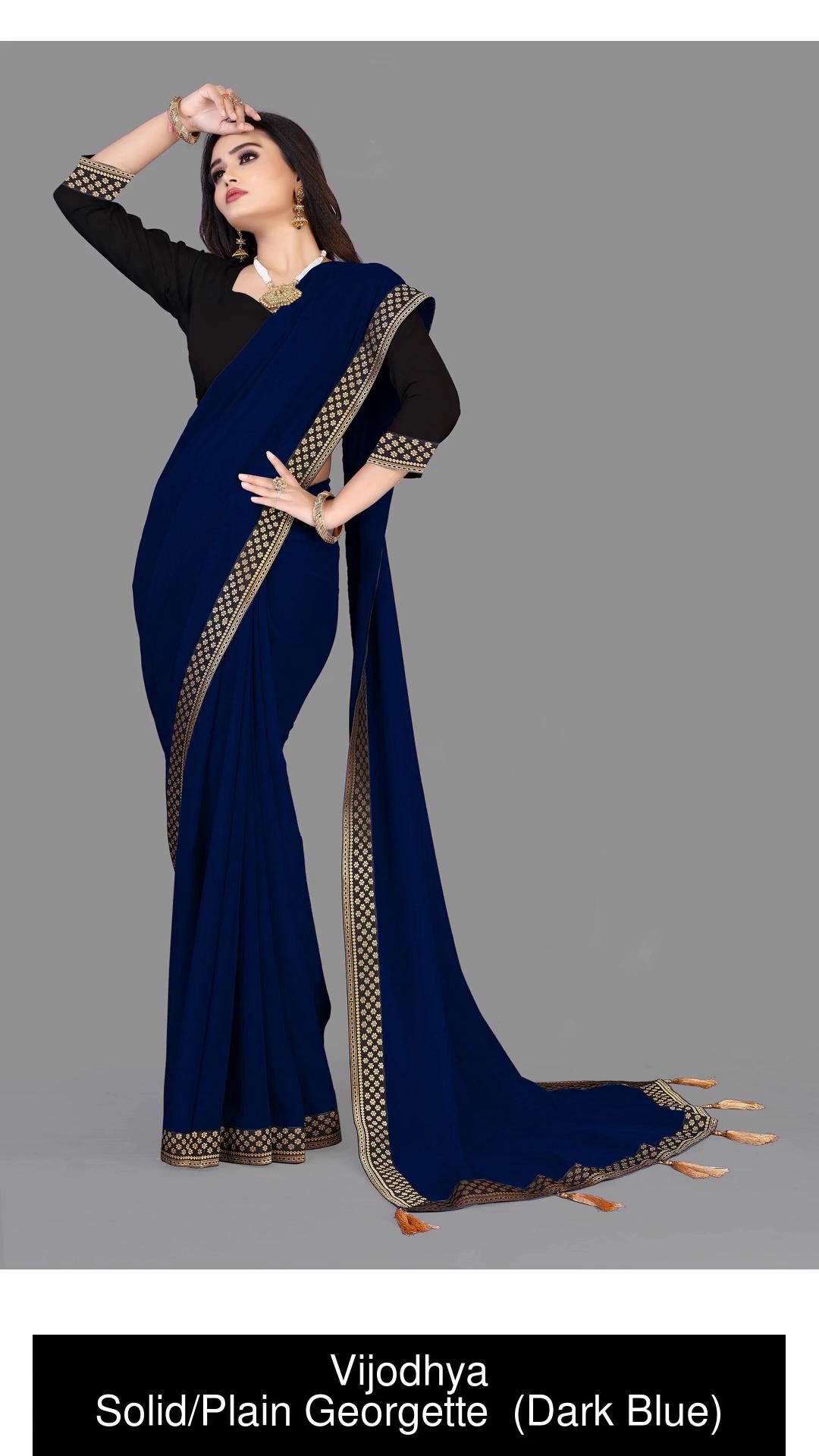 Plain Georgette Saree in Navy Blue