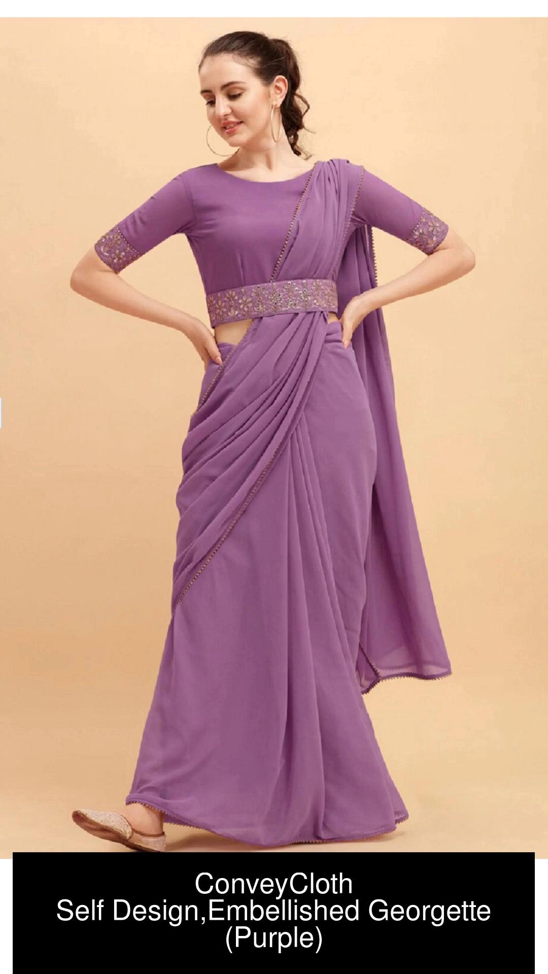 Buy Lilac Solid Saree with Embellished Belt - .