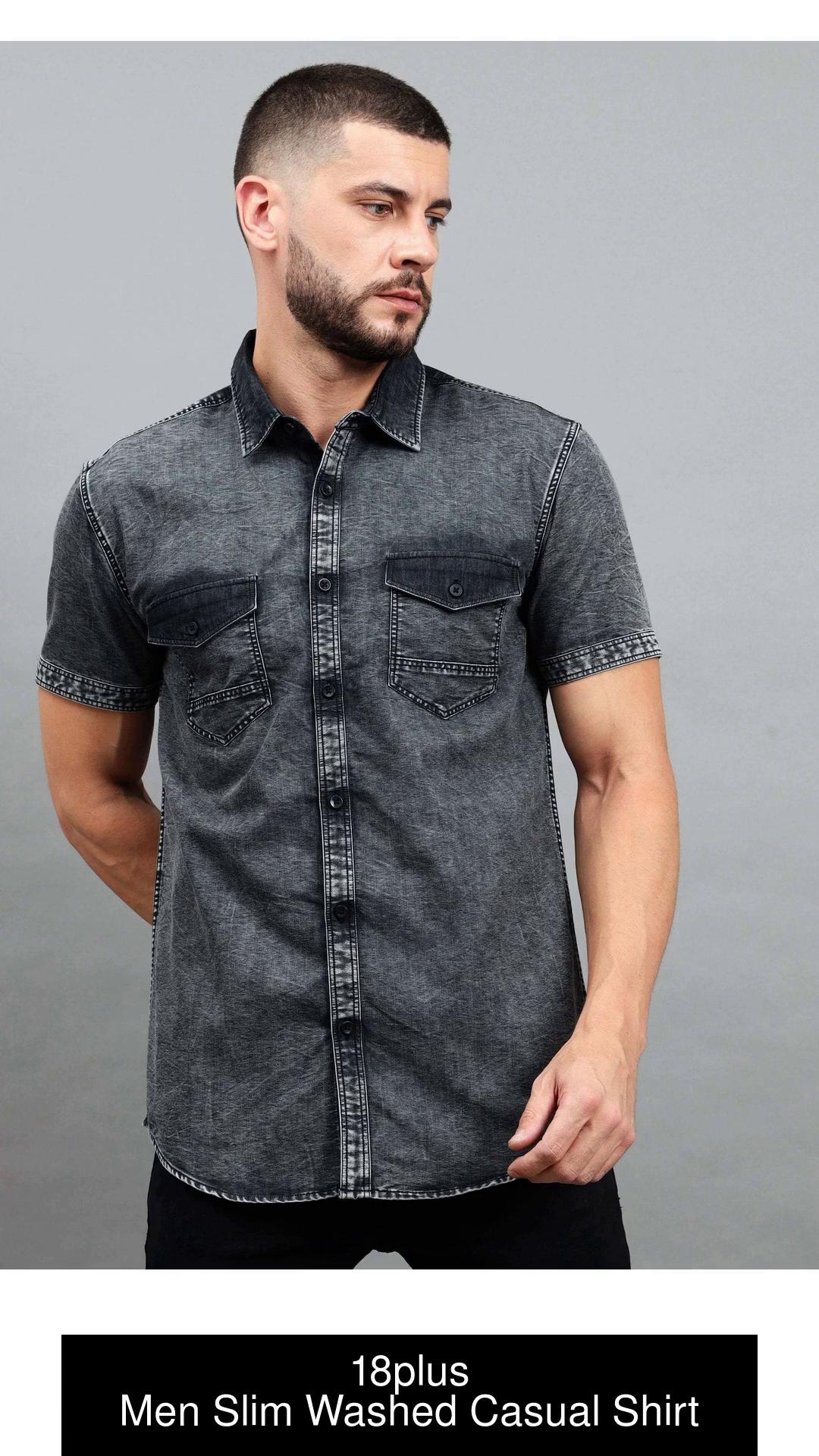 18+_024_DENIM SHIRT Men's Denim Cutaway Collar Slim Fit Half Sleeve Casual Shirt Black X-Large