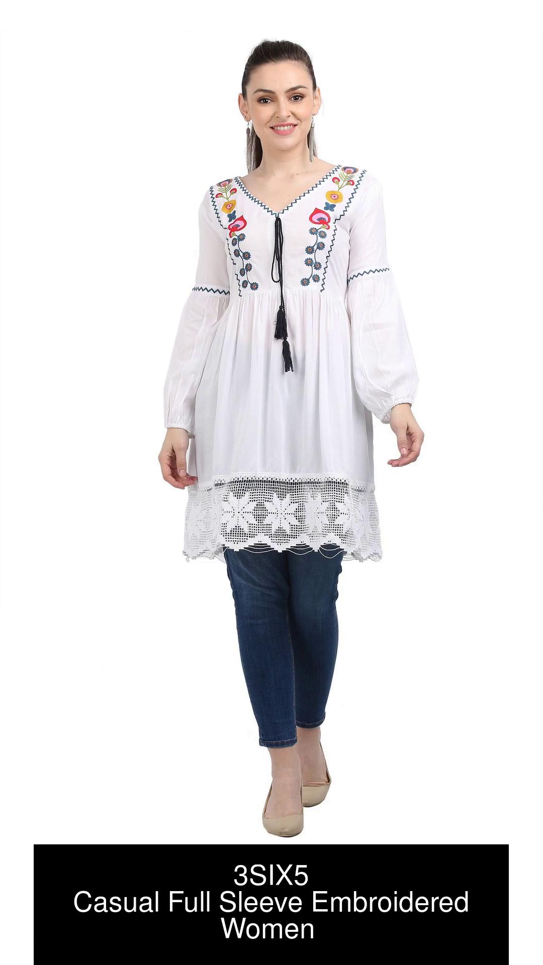 3SIX5 Casual Full Sleeve Embroidered Women White Top - Buy 3SIX5