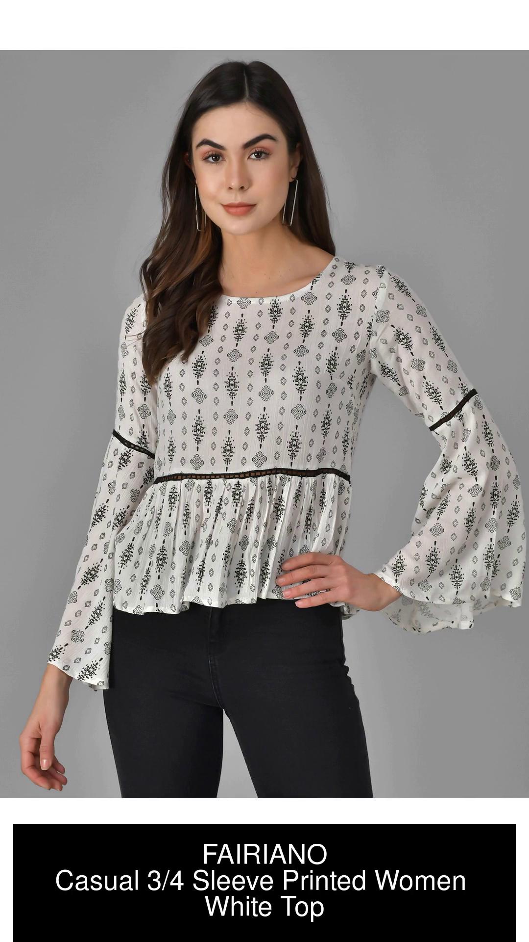 FAIRIANO Casual 3/4 Sleeve Printed Women White Top - Buy FAIRIANO Casual  3/4 Sleeve Printed Women White Top Online at Best Prices in India