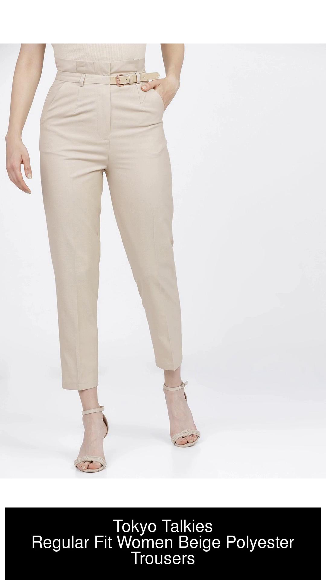 Women Solid Beige Straight Fit Silk Pant