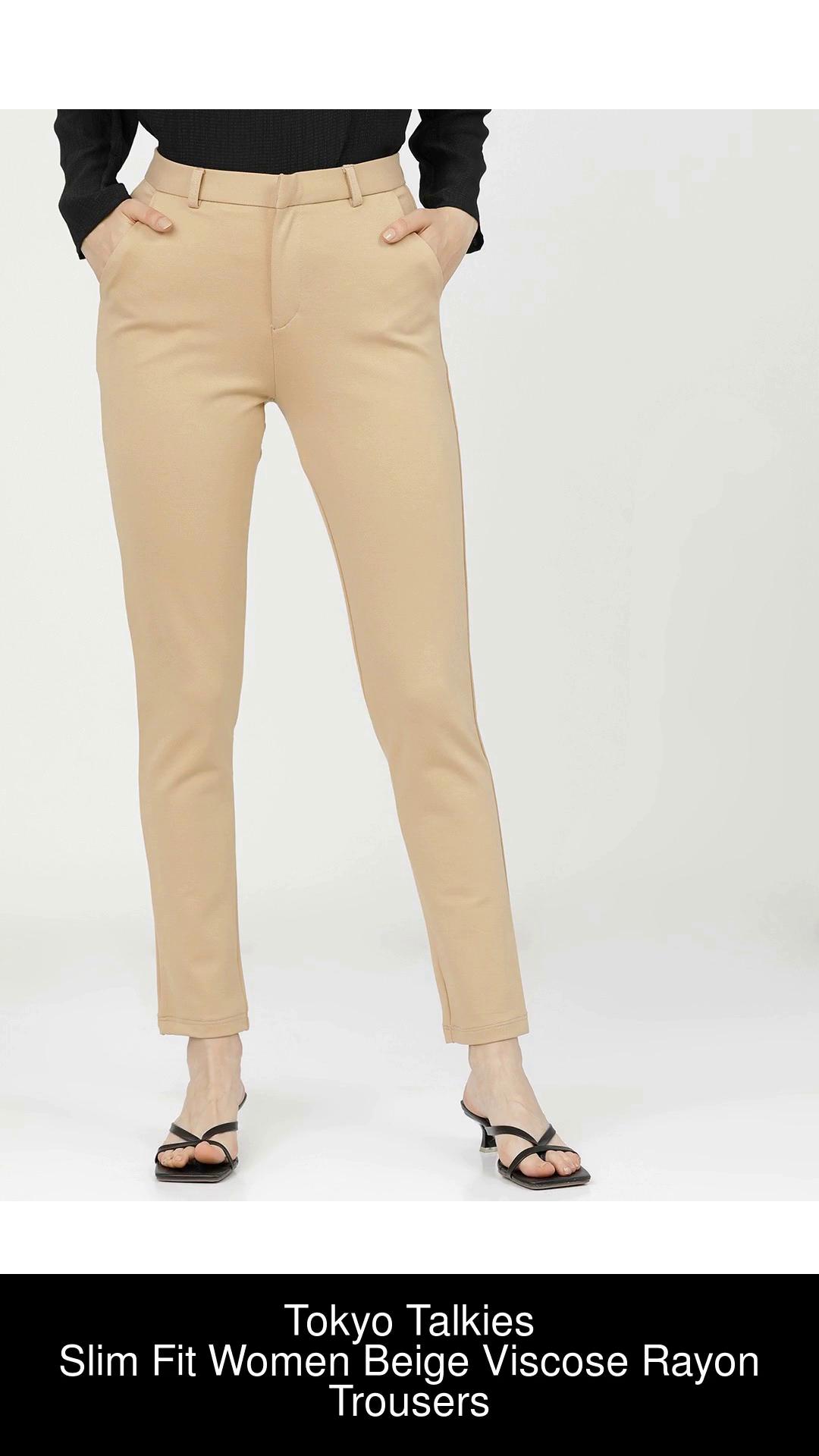 Tokyo Talkies Women Beige Solid Tapered Fit Casual Trousers