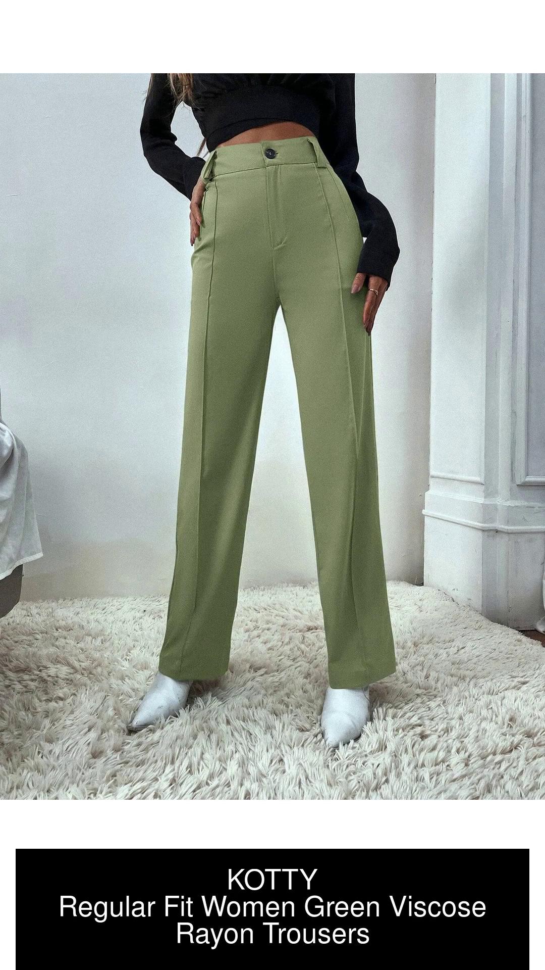 Buy Kotty Women Regular Fit Viscose Rayon Solid Trousers Green online