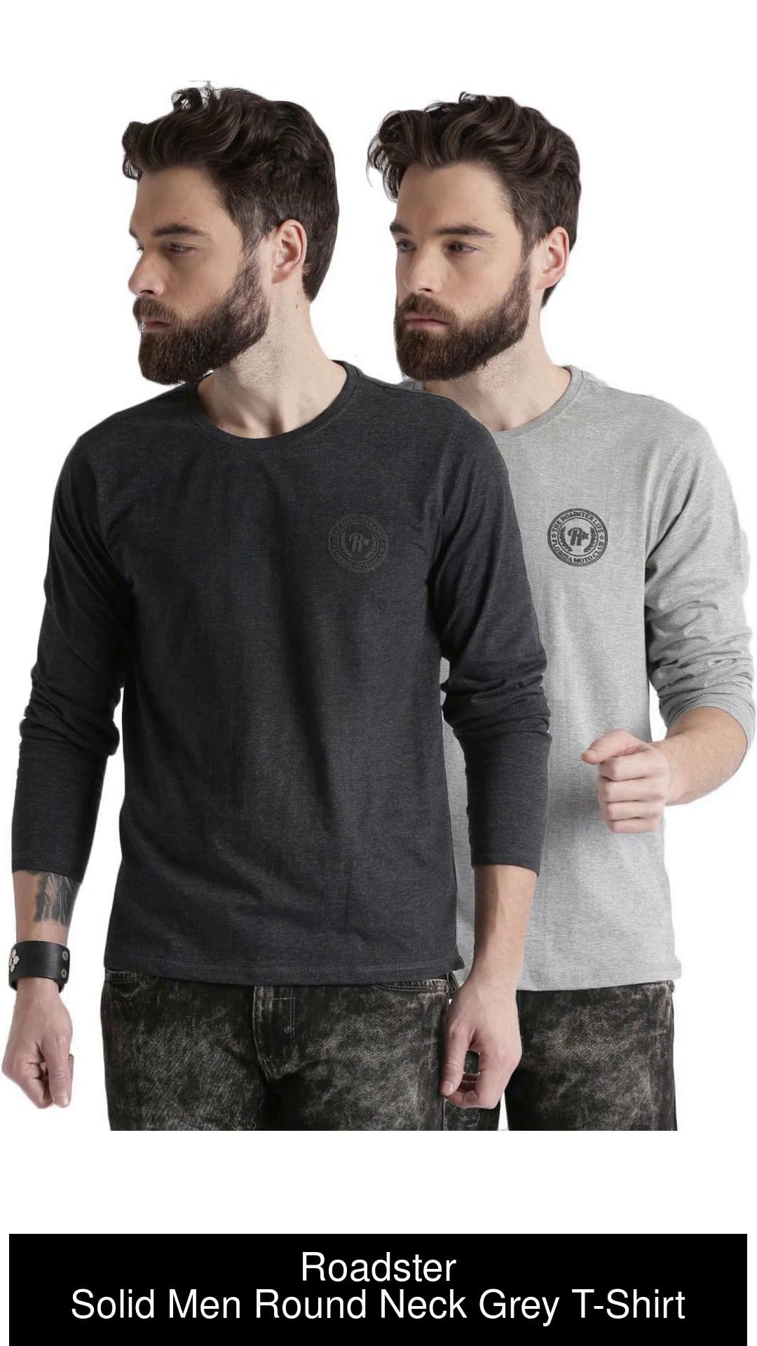 Buy Roadster Men Grey Melange Solid Round Neck T Shirt - Tshirts