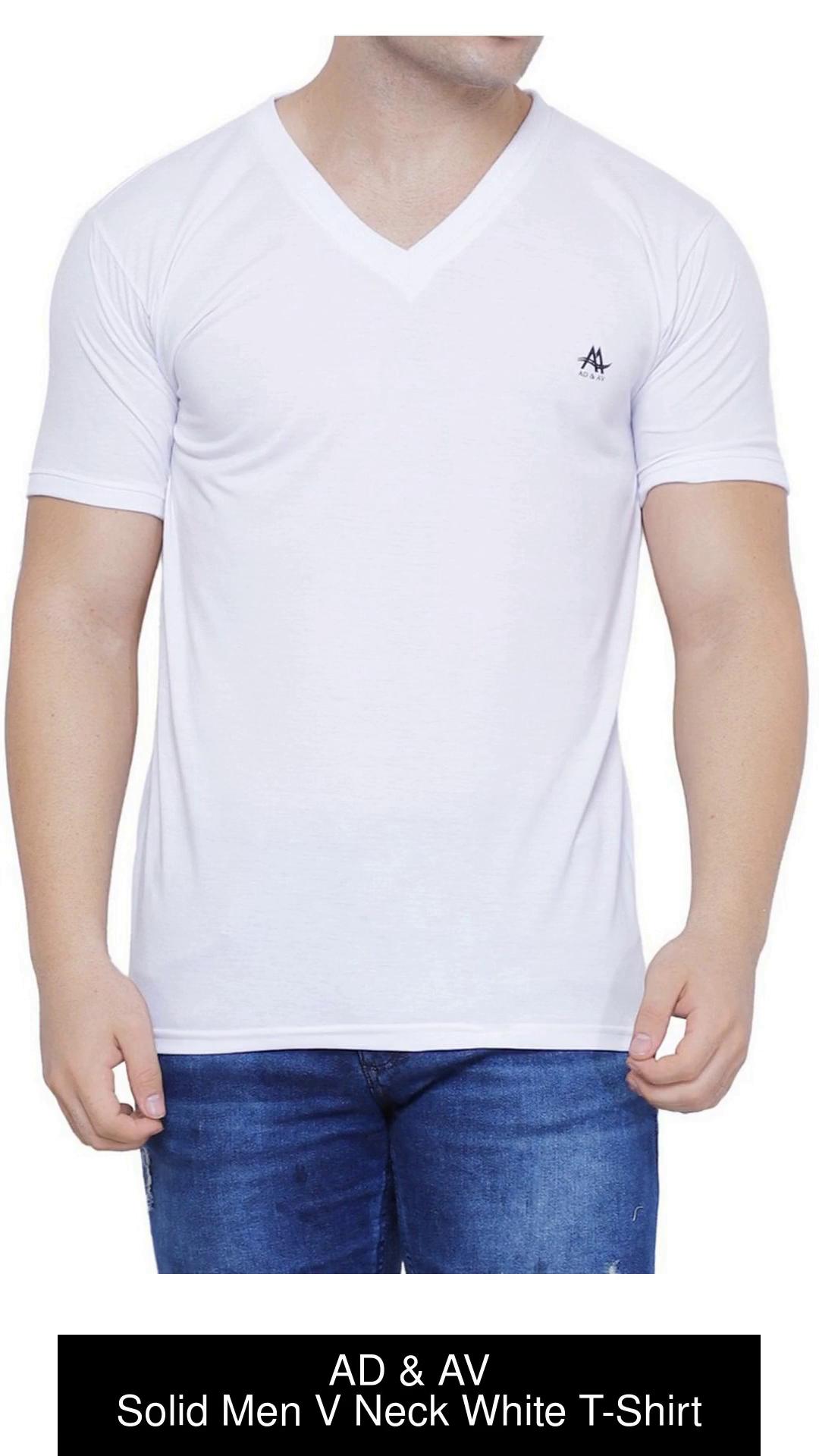AD & AV Solid Men V Neck White T-Shirt