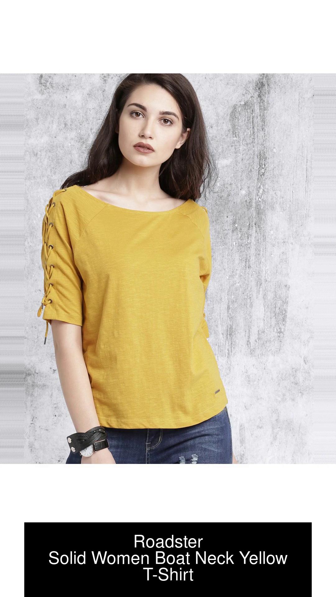 Roadster Solid Women Boat Neck Yellow T-Shirt - Buy Roadster Solid