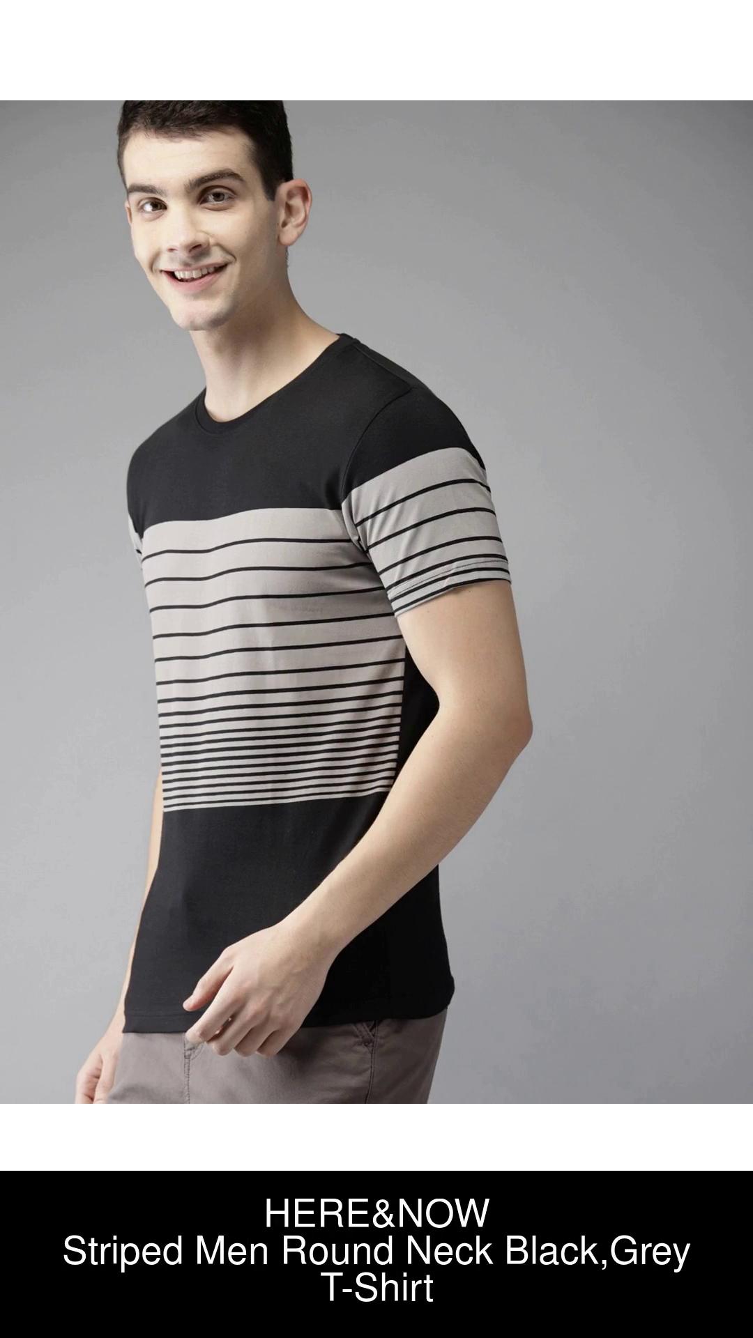 HERE&NOW Striped Men Round Neck Black, Grey T-Shirt - Buy HERE&NOW