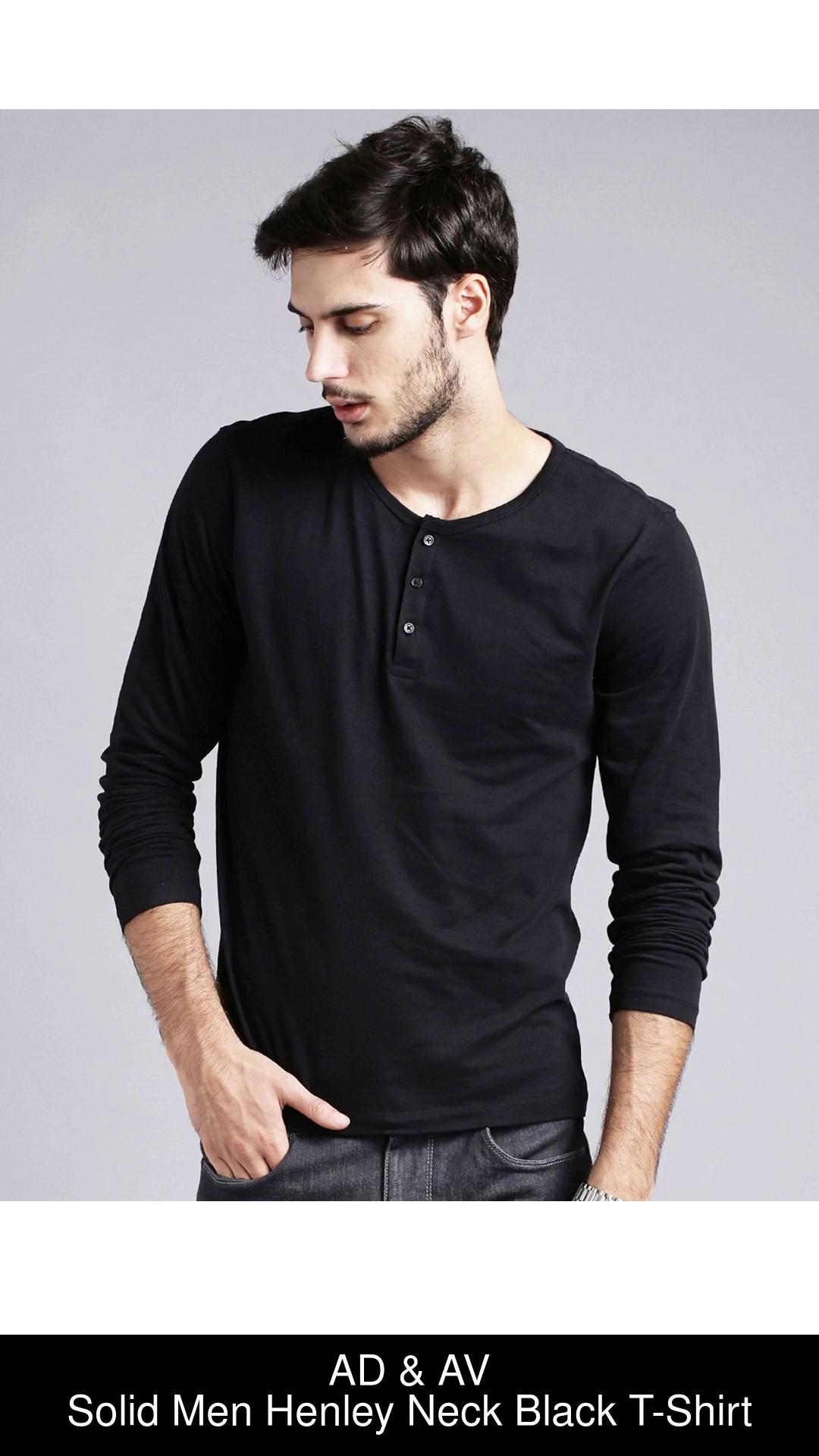 Mens Black Full Sleeve Henley Tape Neck Shirt