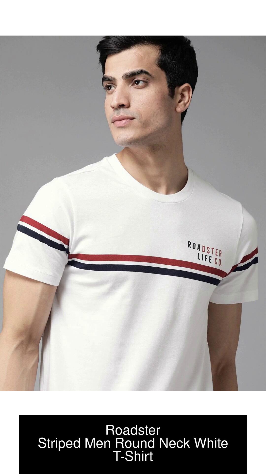 Roadster Men White Black Striped Round Neck Pure Cotton T-shirt