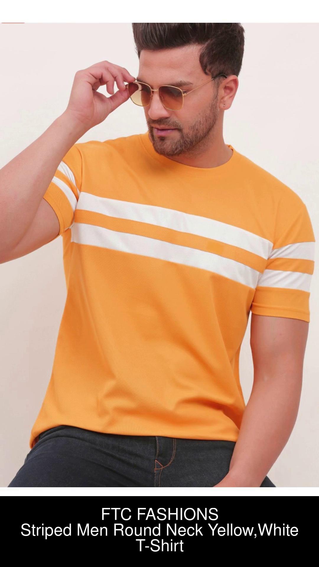 FTC FASHIONS Striped Men Round Neck Yellow, White T-Shirt - Buy