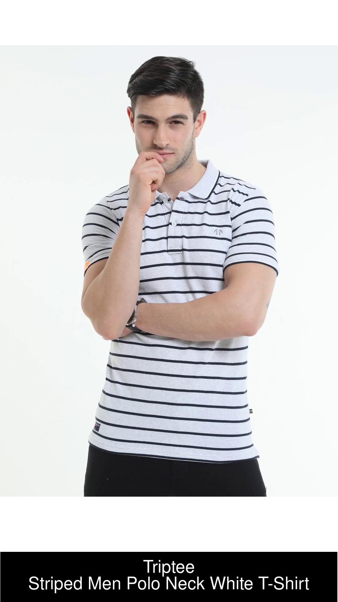 Men White Stripe Polo Neck T-shirt