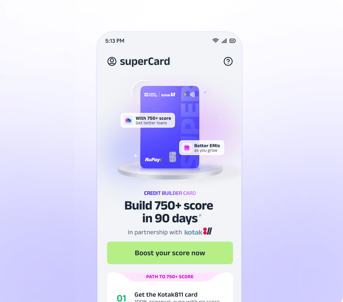 Credit Builder Card app screen with Kotak 811